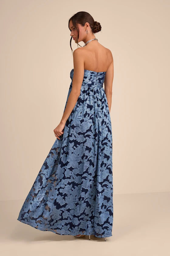 Elegant Jacquard Floral Print Chiffon Maxi Strapless Sweetheart Neck Formal Evening Prom Dresses