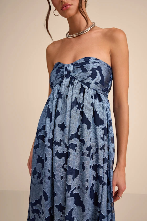 Elegant Jacquard Floral Print Chiffon Maxi Strapless Sweetheart Neck Formal Evening Prom Dresses