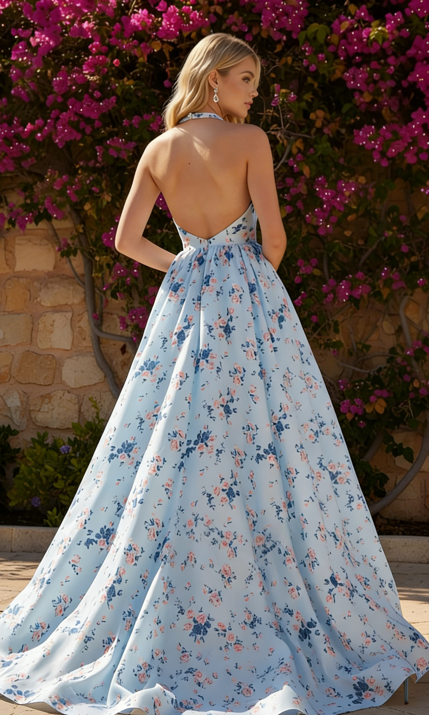 Elegant Light Blue Floral Print Satin A-Line Halter Neck V-Neck Open Back Maxi Prom Dresses