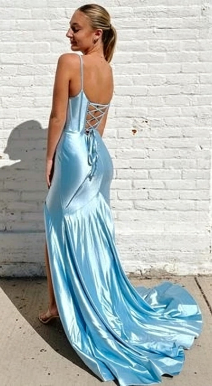 Elegant Light Blue Mermaid Sweetheart Spaghetti Lace-Up Back Bow Slit Evening Dress