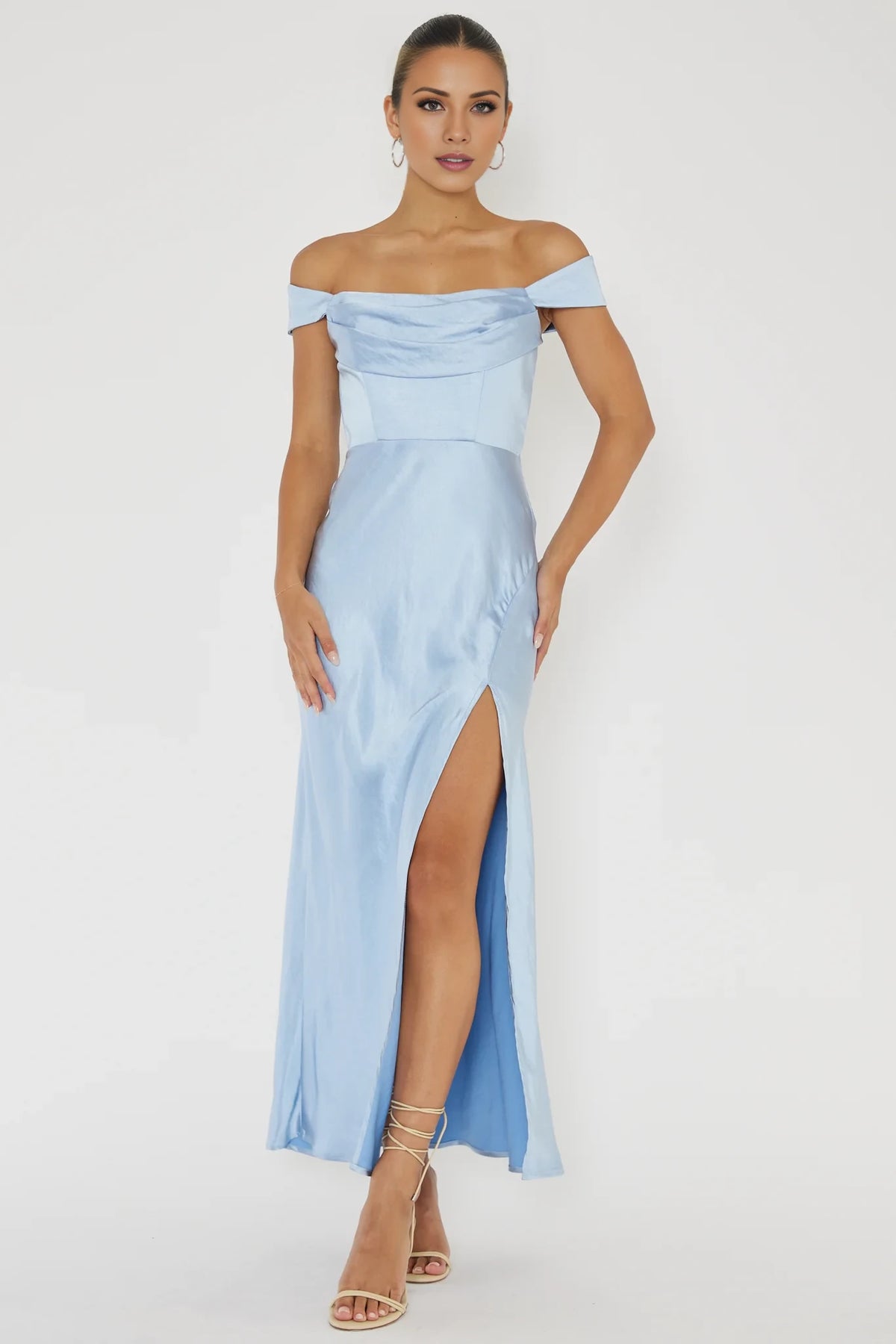Sky Blue Off-the-Shoulder Satin A-Line Ankle-Length Bridesmaid Dress