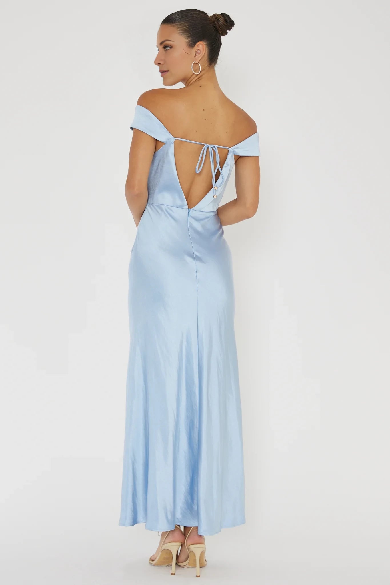 Elegant Light Blue Off-Shoulder Neck Sleeveless Back Zip Slit Tie Back Satin Floor-Length Prom Dress