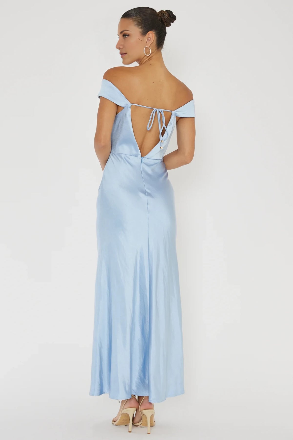 Sky Blue Off-the-Shoulder Satin A-Line Ankle-Length Bridesmaid Dress