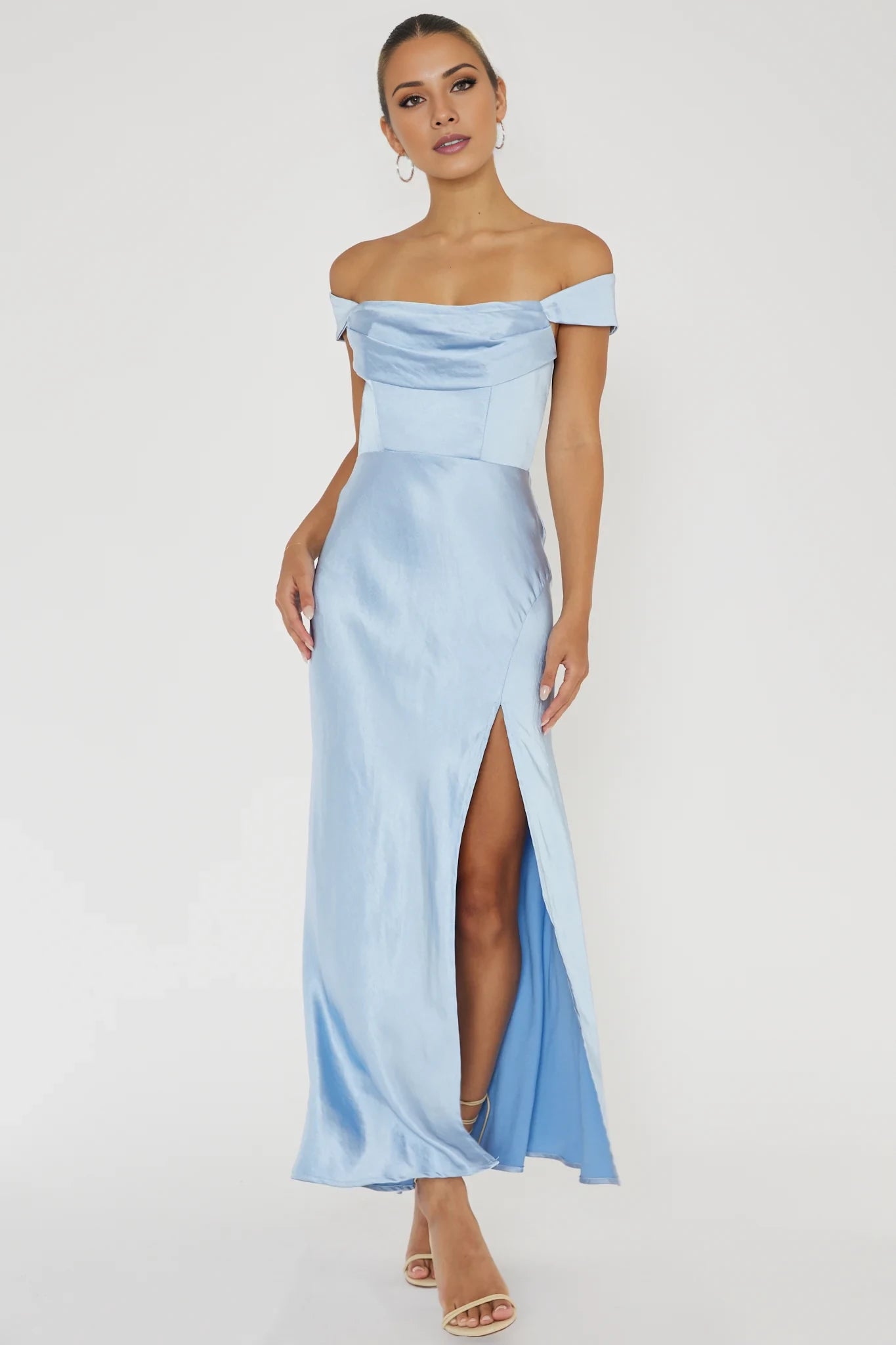 Elegant Light Blue Off-Shoulder Neck Sleeveless Back Zip Slit Tie Back Satin Floor-Length Prom Dress