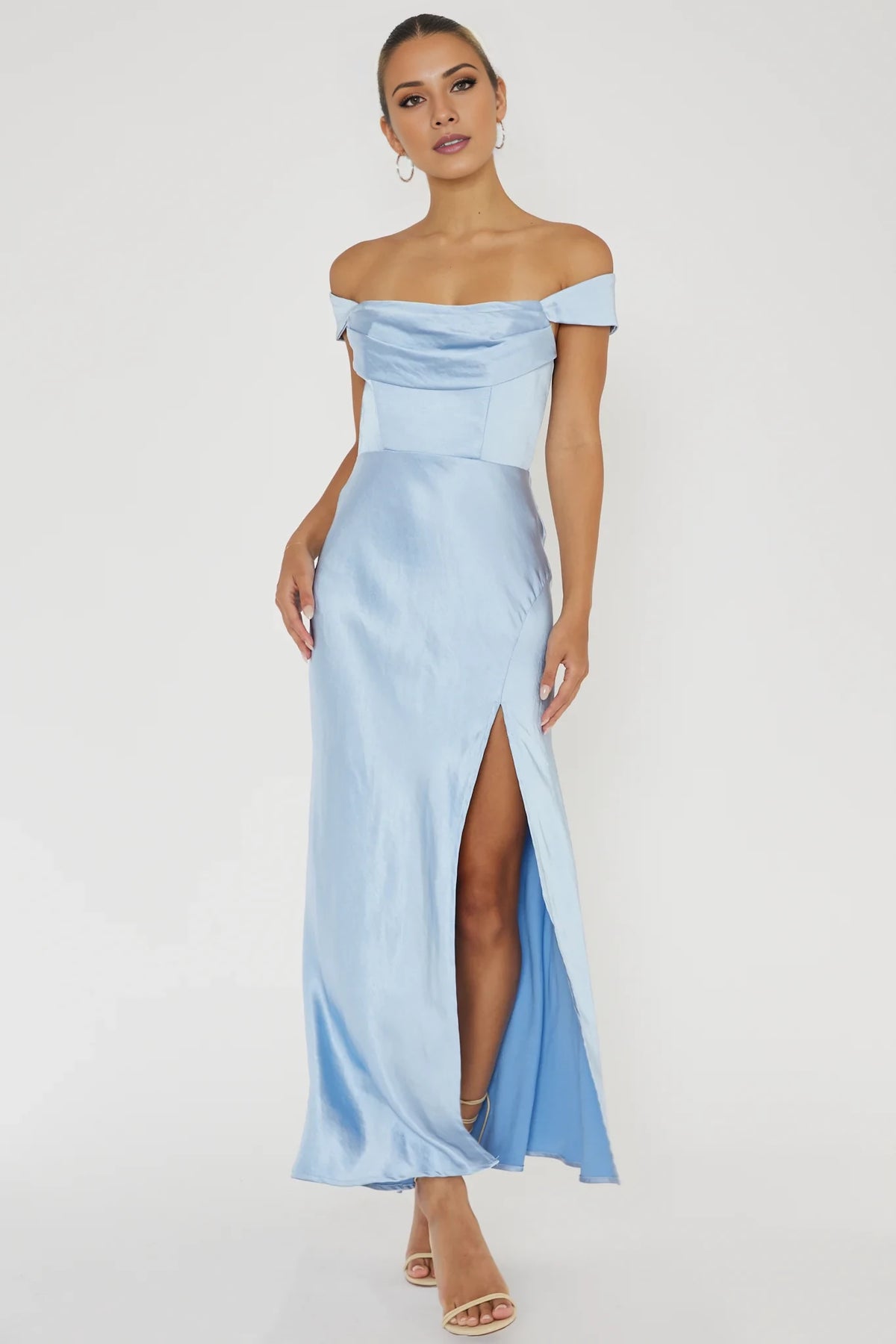 Sky Blue Off-the-Shoulder Satin A-Line Ankle-Length Bridesmaid Dress