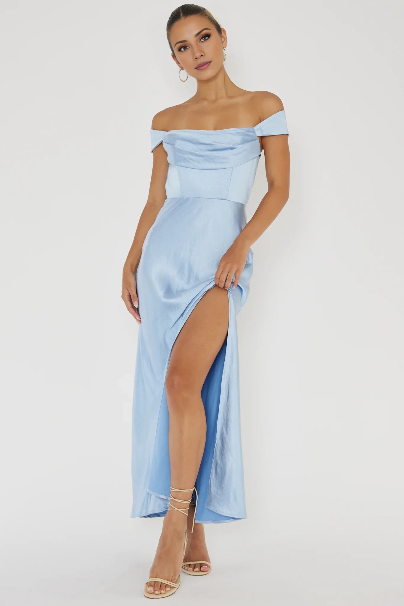 Elegant Light Blue Off-Shoulder Neck Sleeveless Back Zip Slit Tie Back Satin Floor-Length Prom Dress