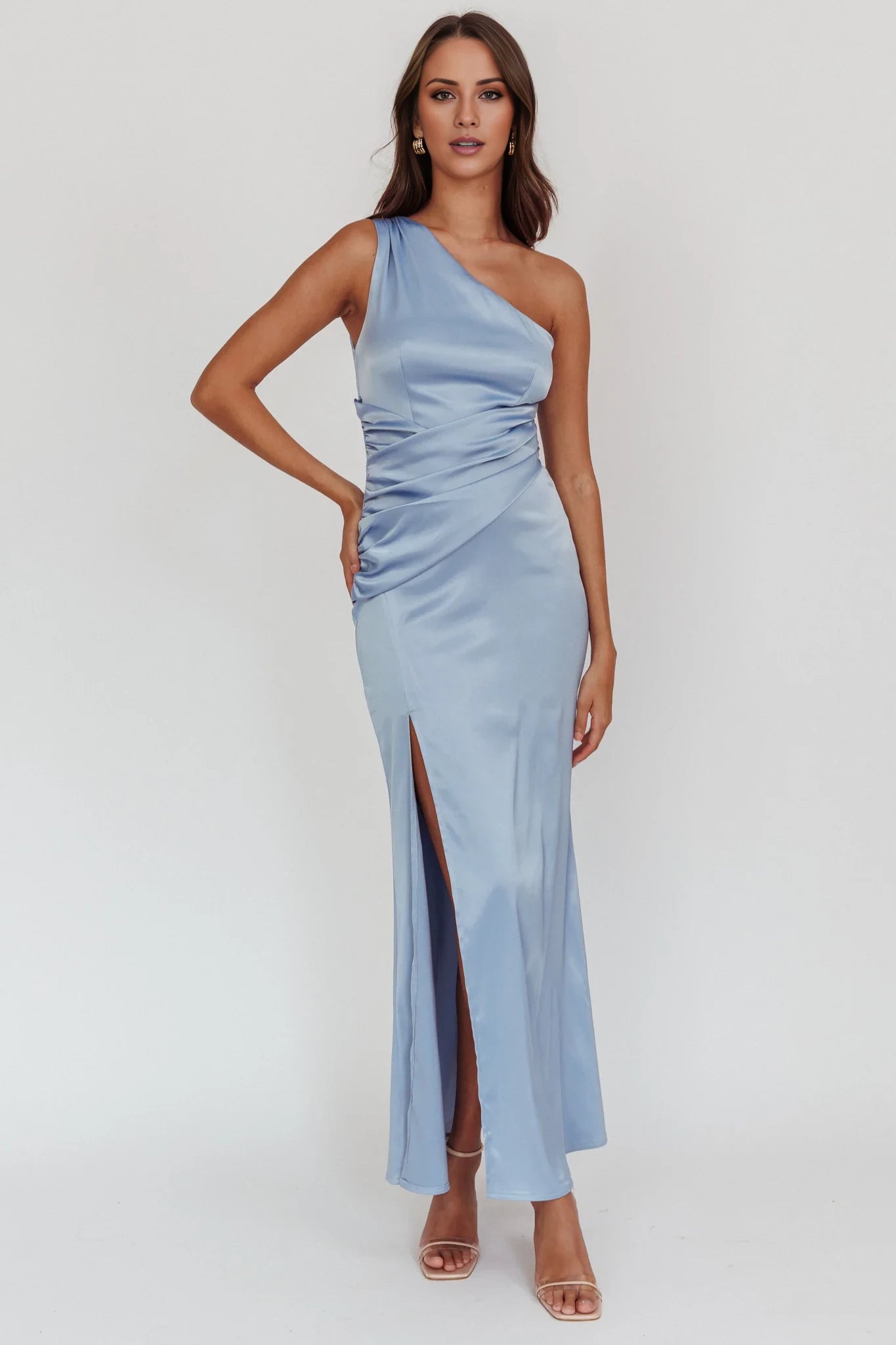 Elegant Light Blue One-Shoulder Neck Sleeveless Backless Ruched Slit Satin Floor-Length Prom Dress