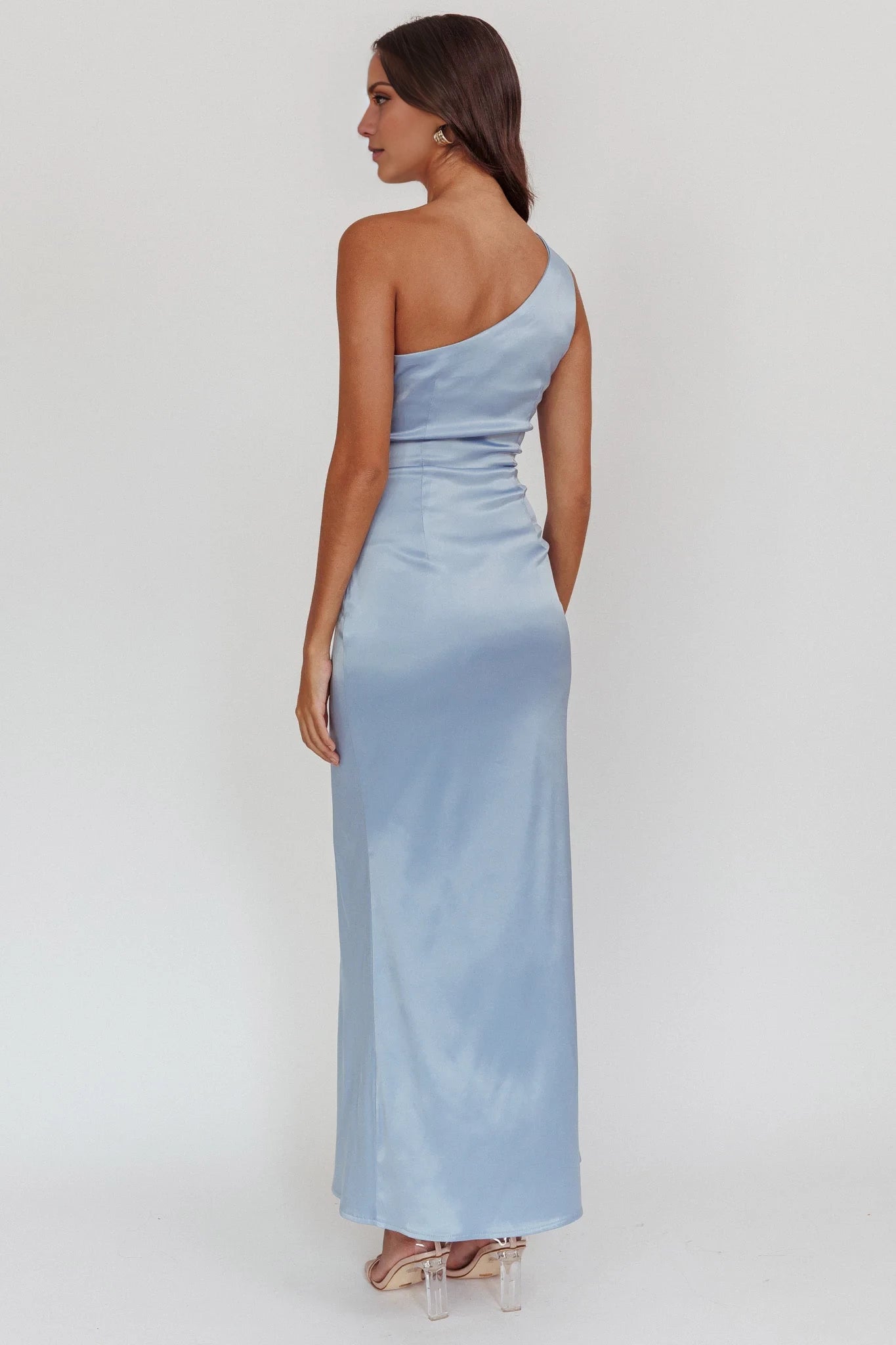 Elegant Light Blue One-Shoulder Neck Sleeveless Backless Ruched Slit Satin Floor-Length Prom Dress