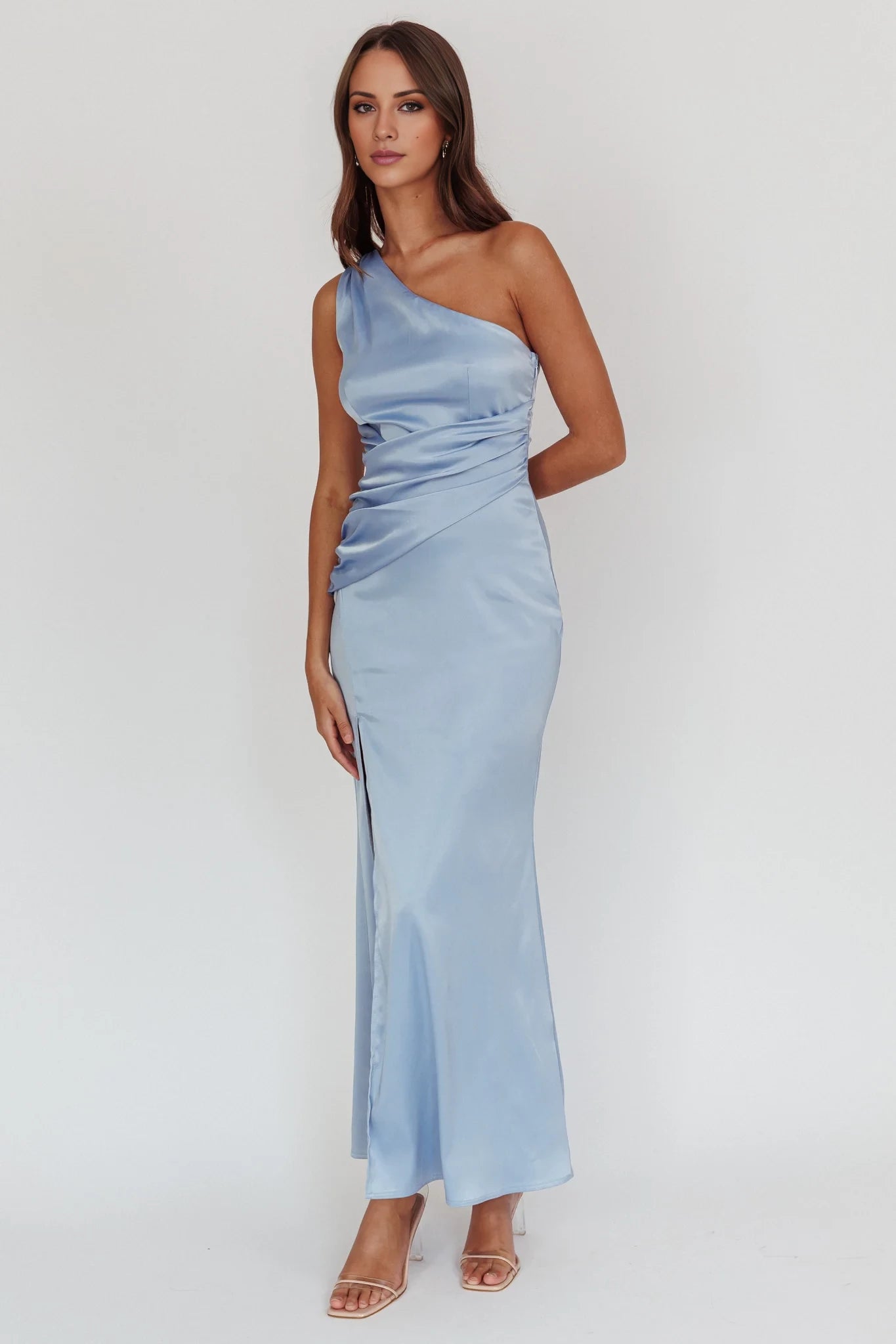 Elegant Light Blue One-Shoulder Neck Sleeveless Backless Ruched Slit Satin Floor-Length Prom Dress