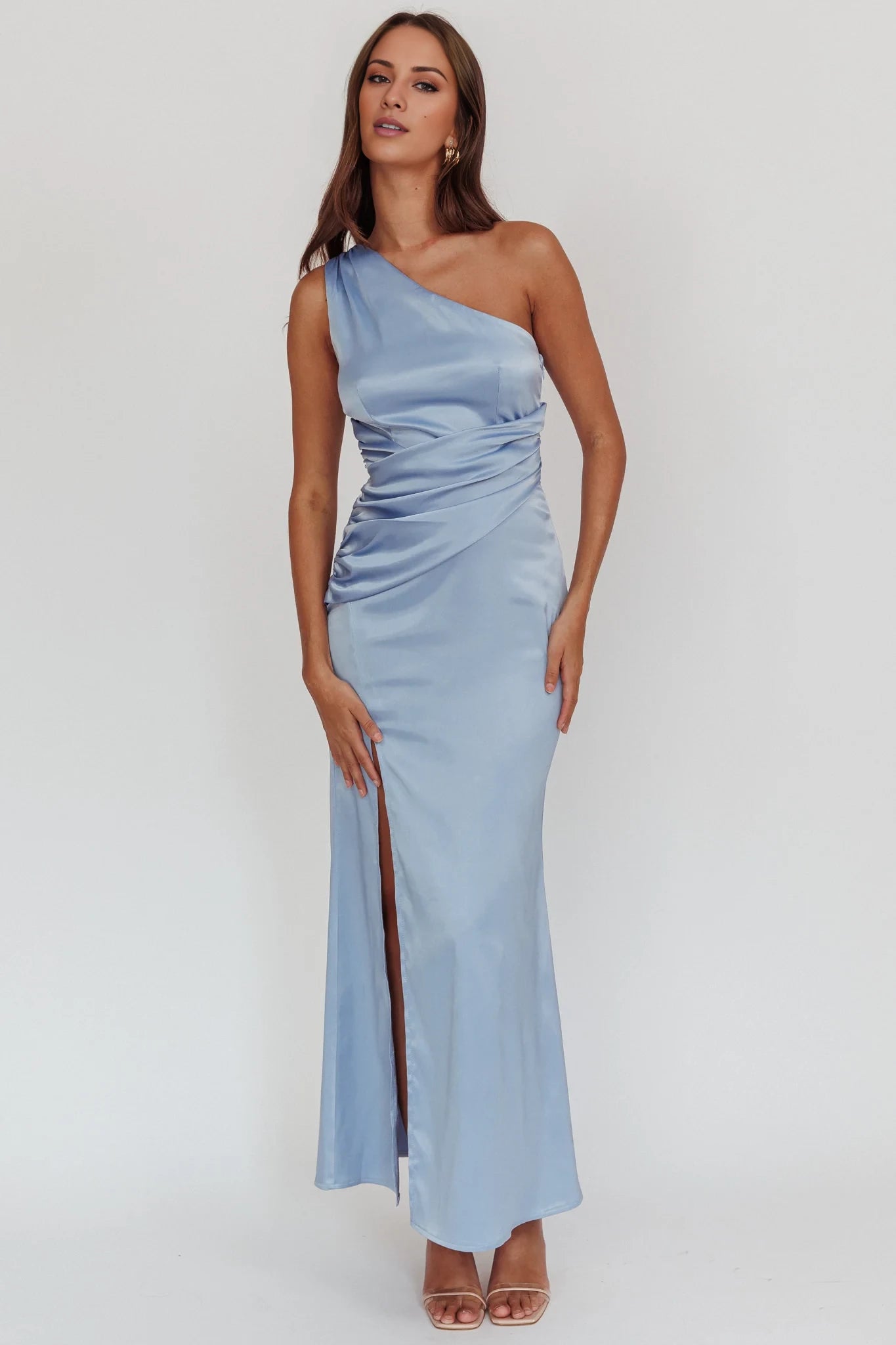 Elegant Light Blue One-Shoulder Neck Sleeveless Backless Ruched Slit Satin Floor-Length Prom Dress