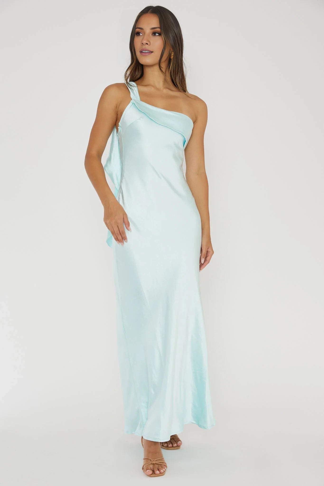 Elegant Light Blue One-Shoulder Neck Sleeveless Backless Ruffle Open Back Satin Floor-Length Prom Dress