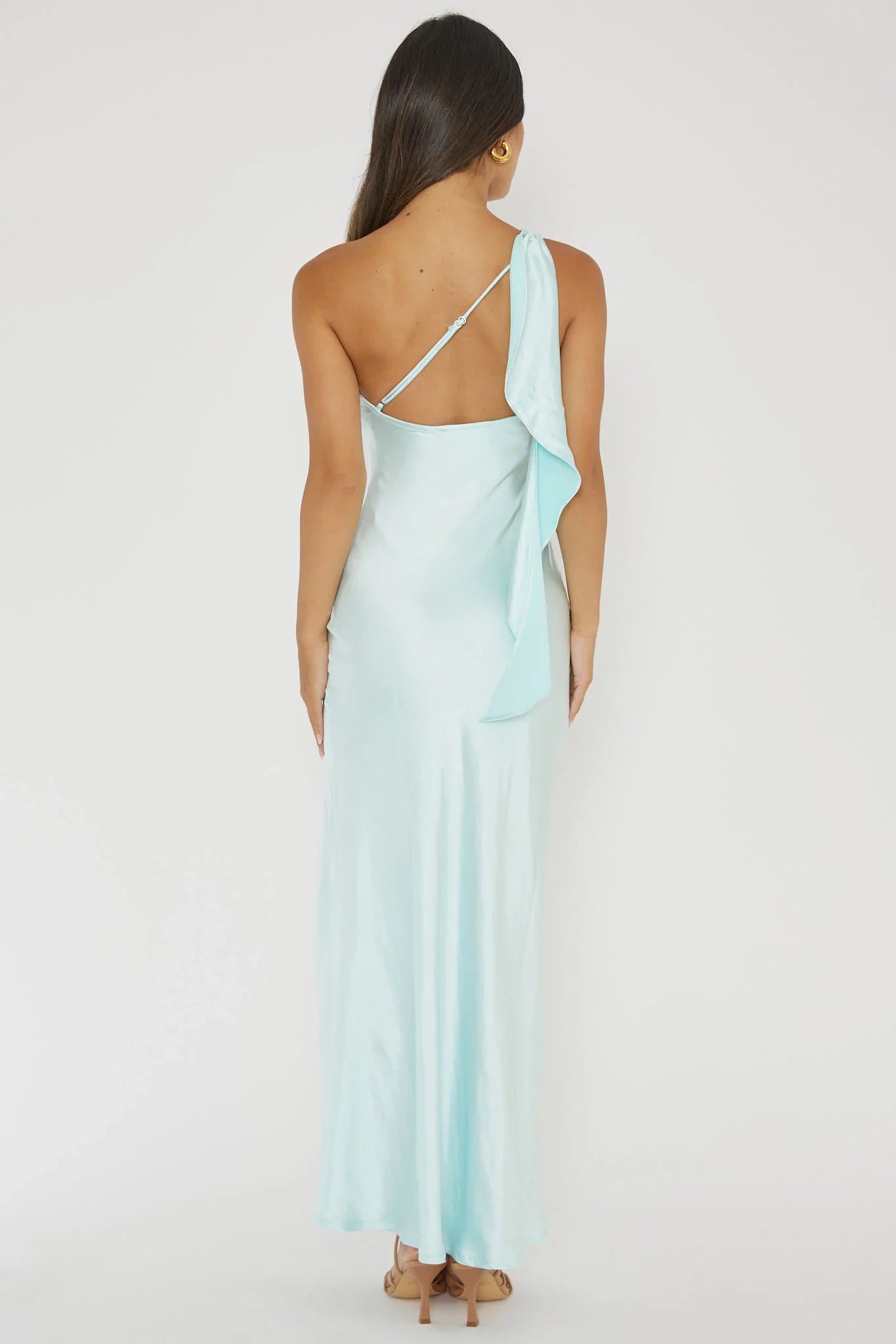 Elegant Light Blue One-Shoulder Neck Sleeveless Backless Ruffle Open Back Satin Floor-Length Prom Dress