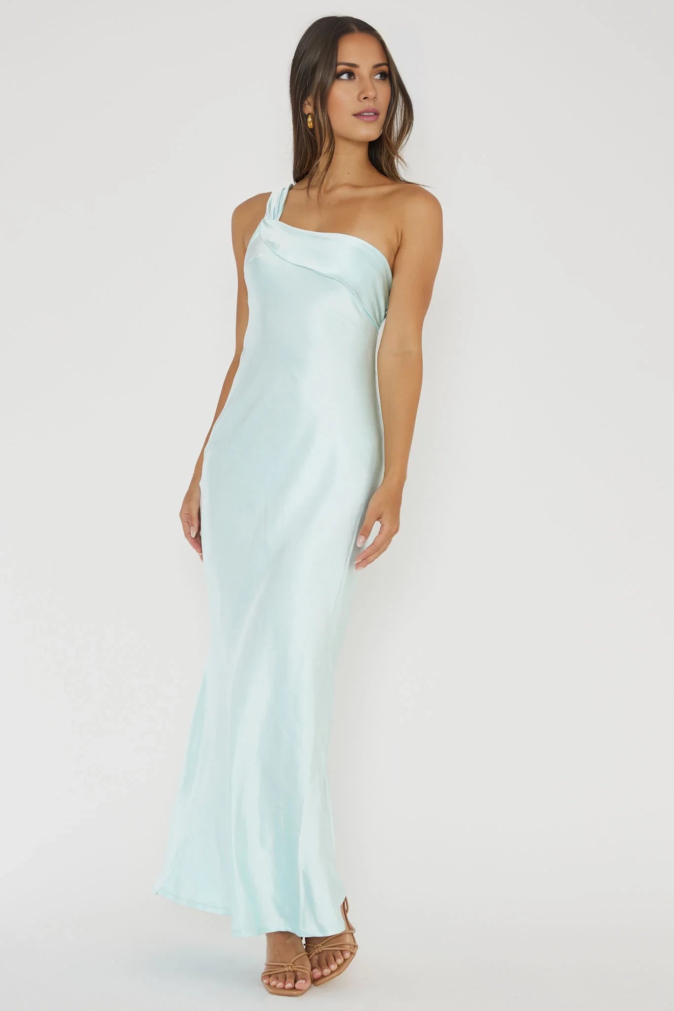 Elegant Light Blue One-Shoulder Neck Sleeveless Backless Ruffle Open Back Satin Floor-Length Prom Dress