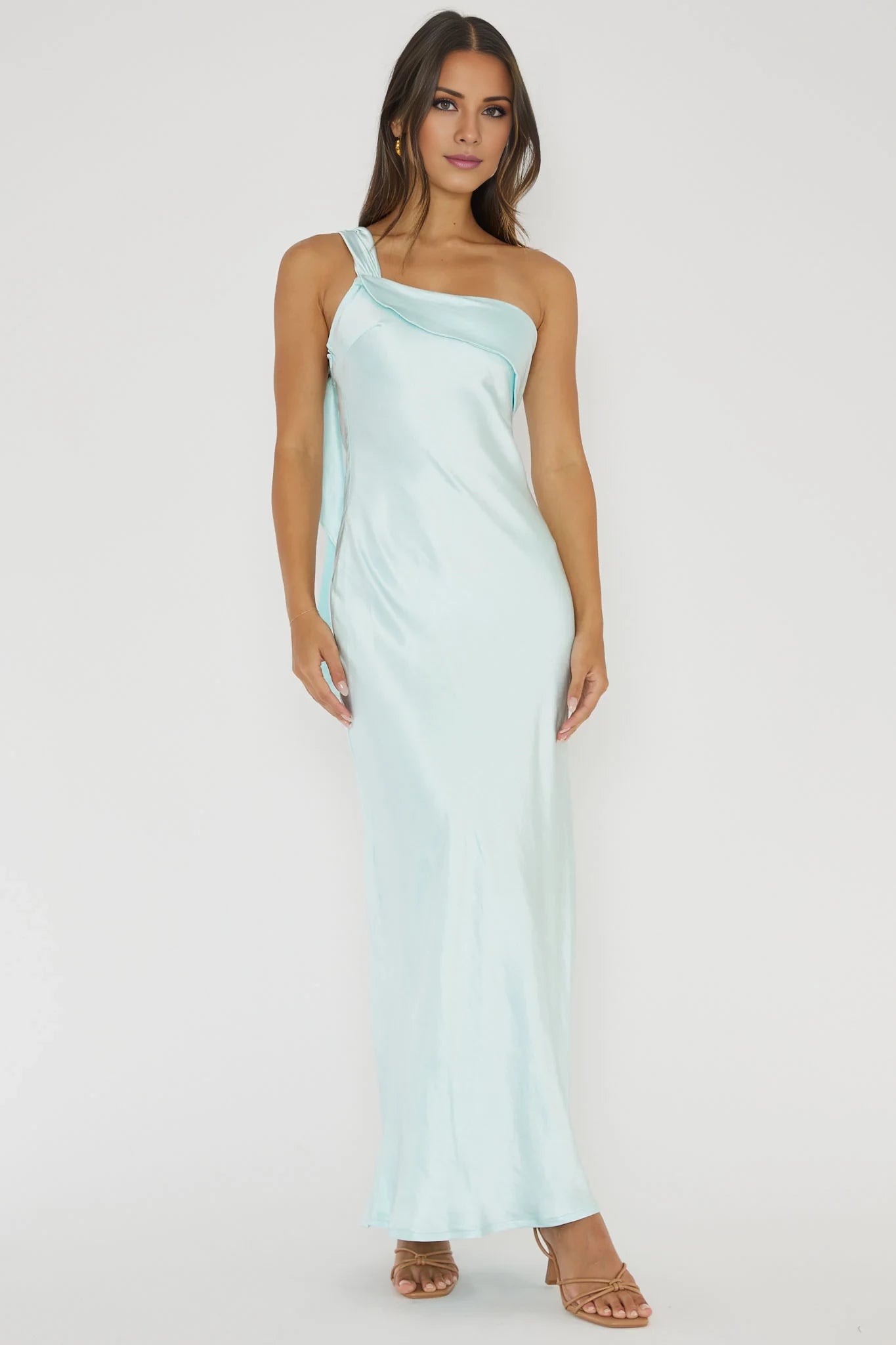 Elegant Light Blue One-Shoulder Neck Sleeveless Backless Ruffle Open Back Satin Floor-Length Prom Dress