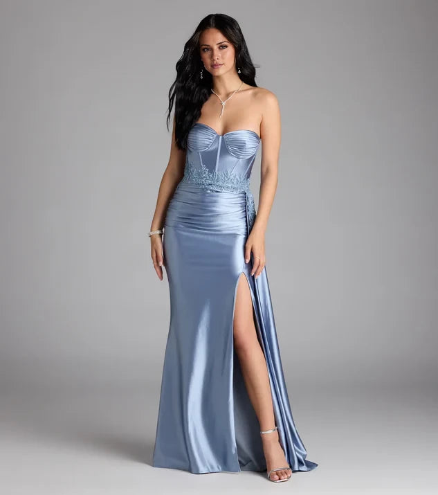 Elegant Light Blue Sleeveless Strapless Lace-Detailed Slit Satin Mermaid Floor-Length Evening Dress