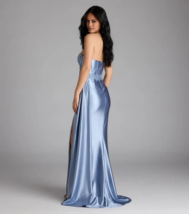 Elegant Light Blue Sleeveless Strapless Lace-Detailed Slit Satin Mermaid Floor-Length Evening Dress