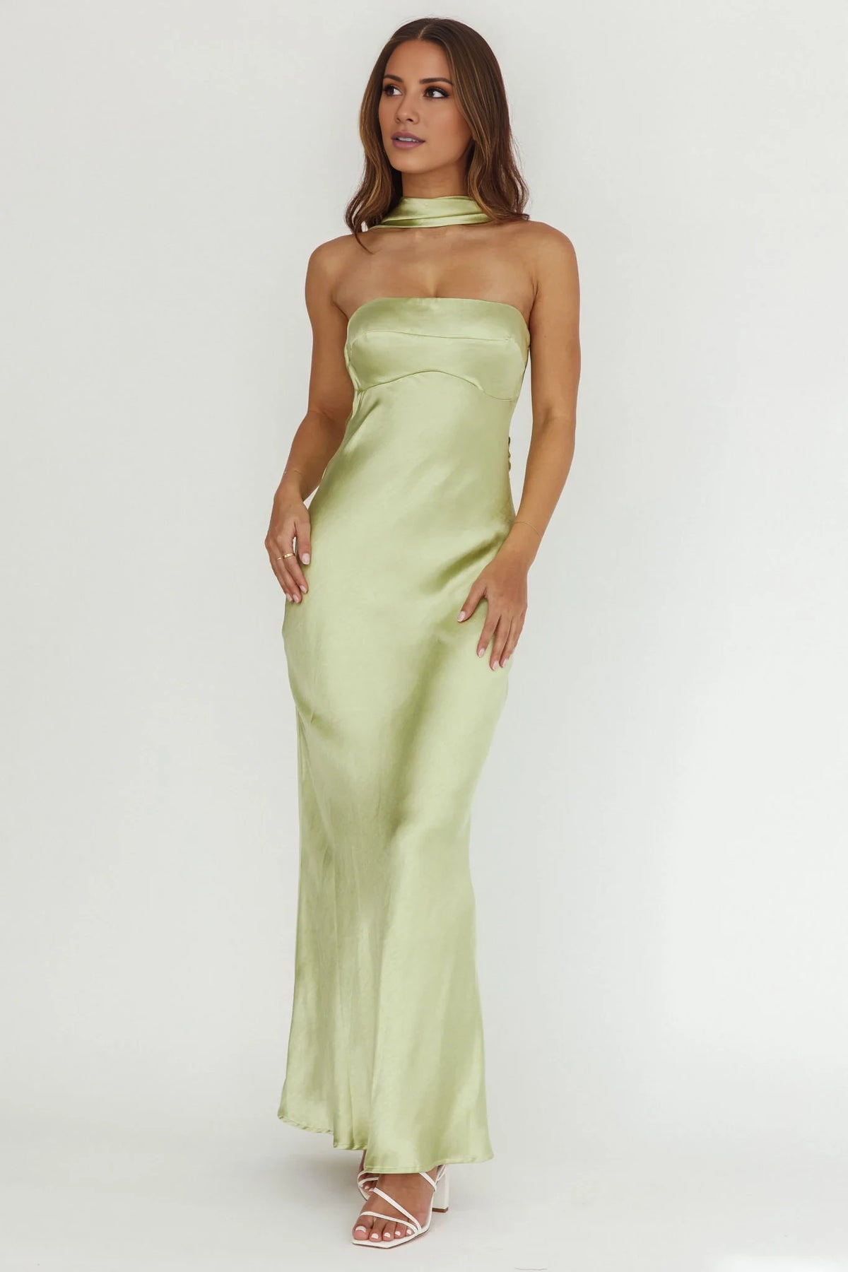 Sage Green Satin Straight Neck Sheath Floor-Length Bridesmaid Dress with Choker Detail