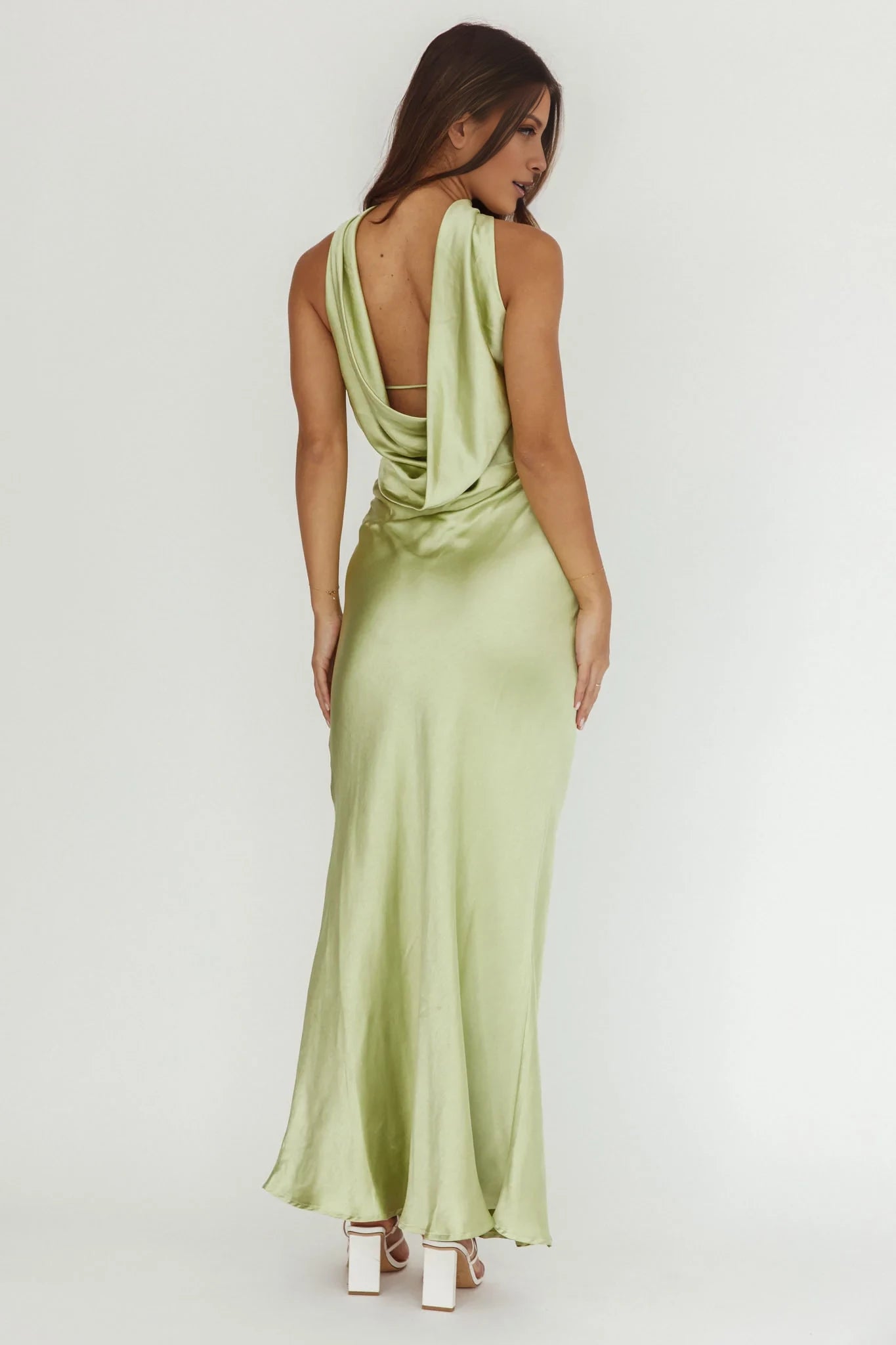Elegant Light Green Off Shoulder Neck Sleeveless Strapless Cowl Back Satin Floor-Length Prom Dress