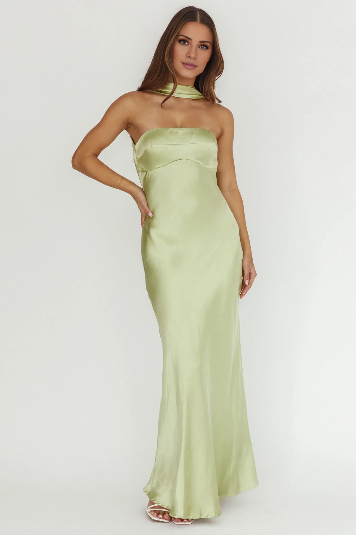Sage Green Satin Straight Neck Sheath Floor-Length Bridesmaid Dress with Choker Detail