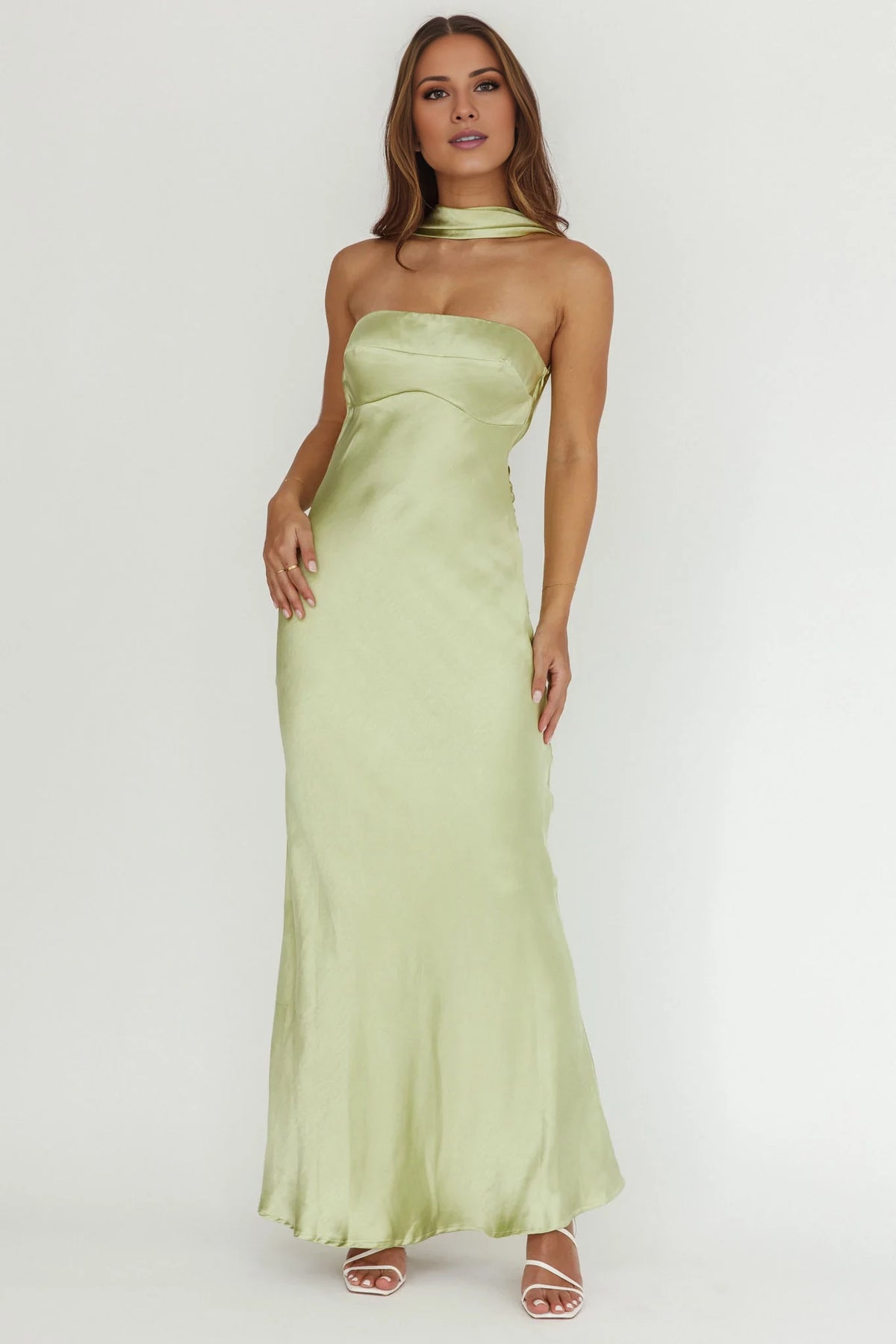 Sage Green Satin Straight Neck Sheath Floor-Length Bridesmaid Dress with Choker Detail