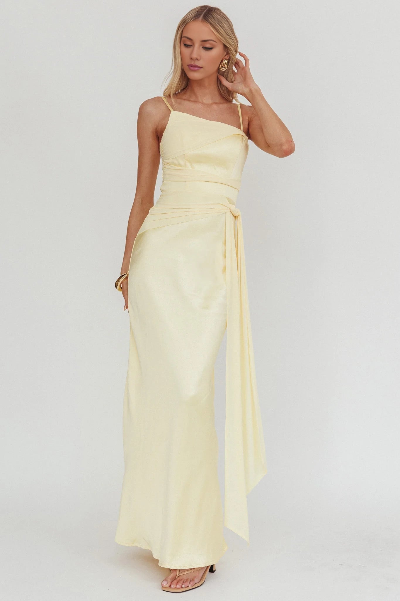 Elegant Light Yellow Asymmetric Neck Sleeveless Spaghetti Strap Tie-Waist Satin Floor-Length Prom Dress