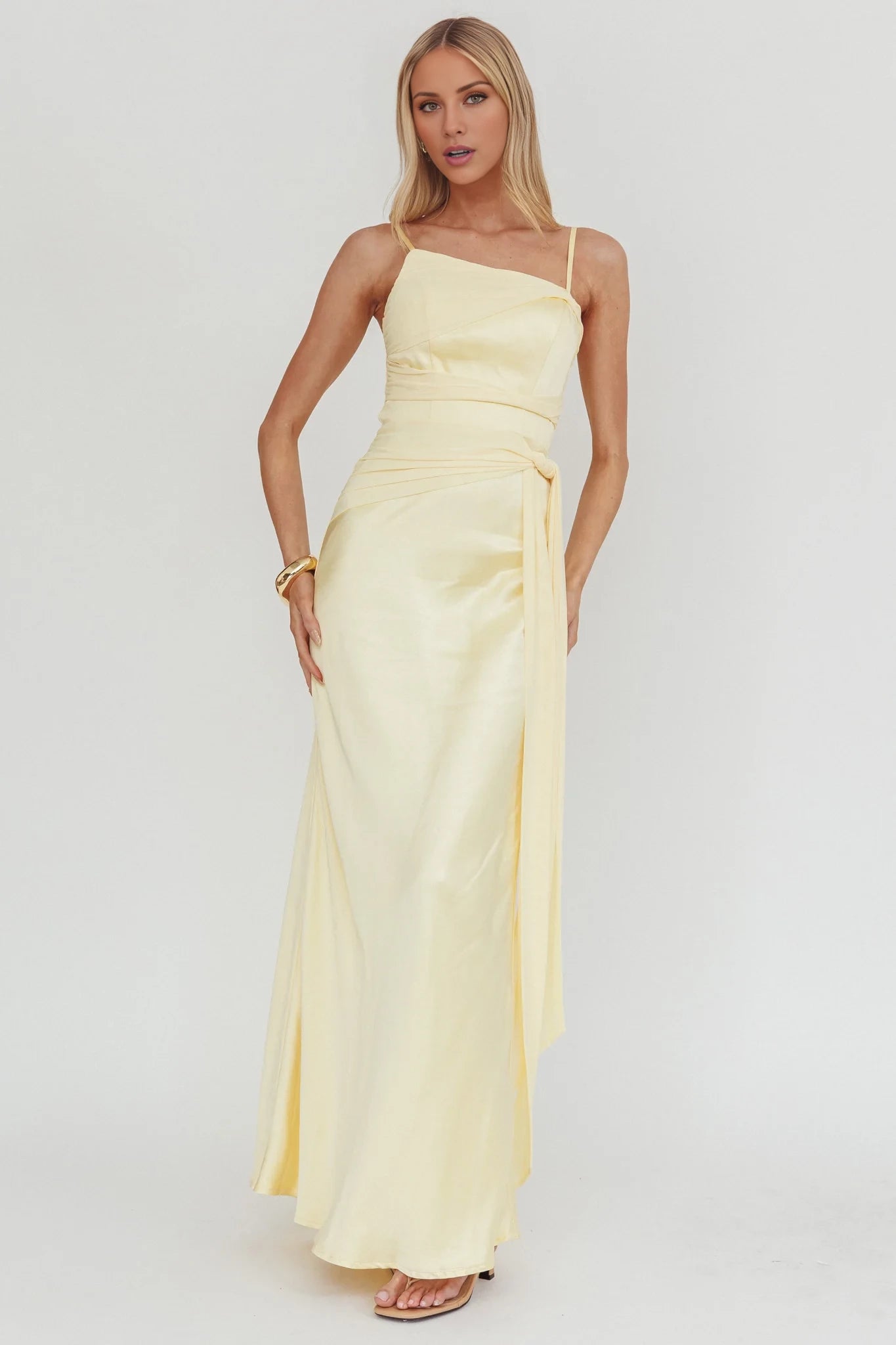 Elegant Light Yellow Asymmetric Neck Sleeveless Spaghetti Strap Tie-Waist Satin Floor-Length Prom Dress