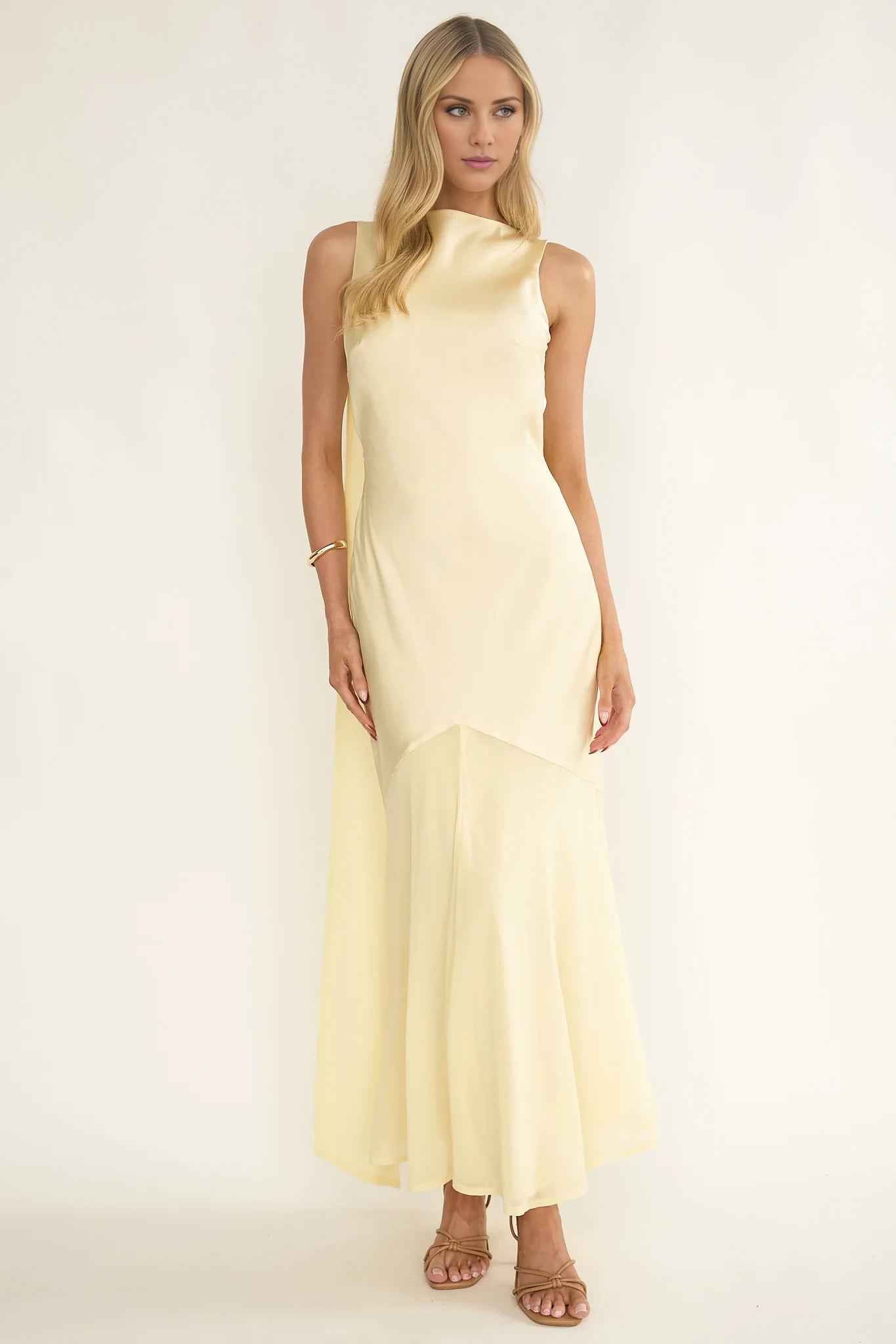 Elegant Light Yellow High Neck Asymmetric Sleeveless Tie-Back Satin Floor-Length Prom Dress