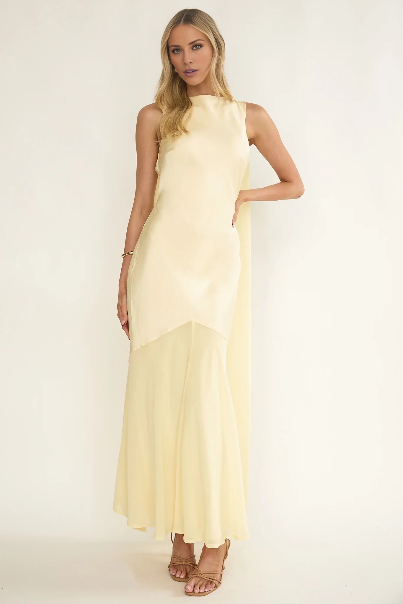 Elegant Light Yellow High Neck Asymmetric Sleeveless Tie-Back Satin Floor-Length Prom Dress
