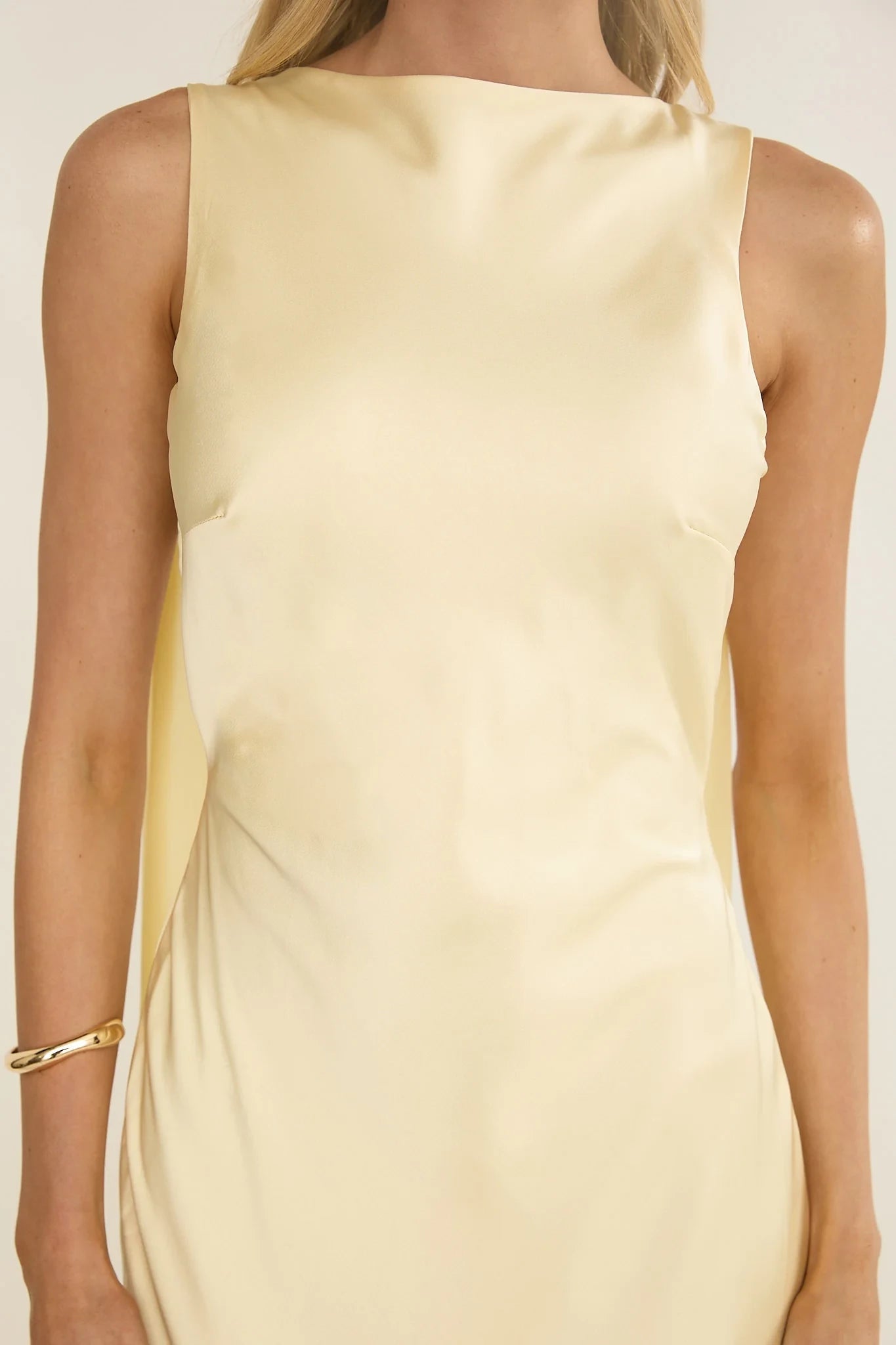 Elegant Light Yellow High Neck Asymmetric Sleeveless Tie-Back Satin Floor-Length Prom Dress