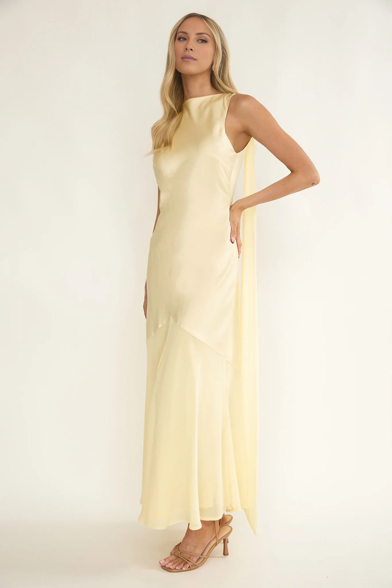 Elegant Light Yellow High Neck Asymmetric Sleeveless Tie-Back Satin Floor-Length Prom Dress