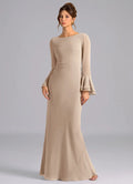 Sand Chiffon Boat Neck Floor-Length Bridesmaid Dress with Ruffled Bell Sleeves