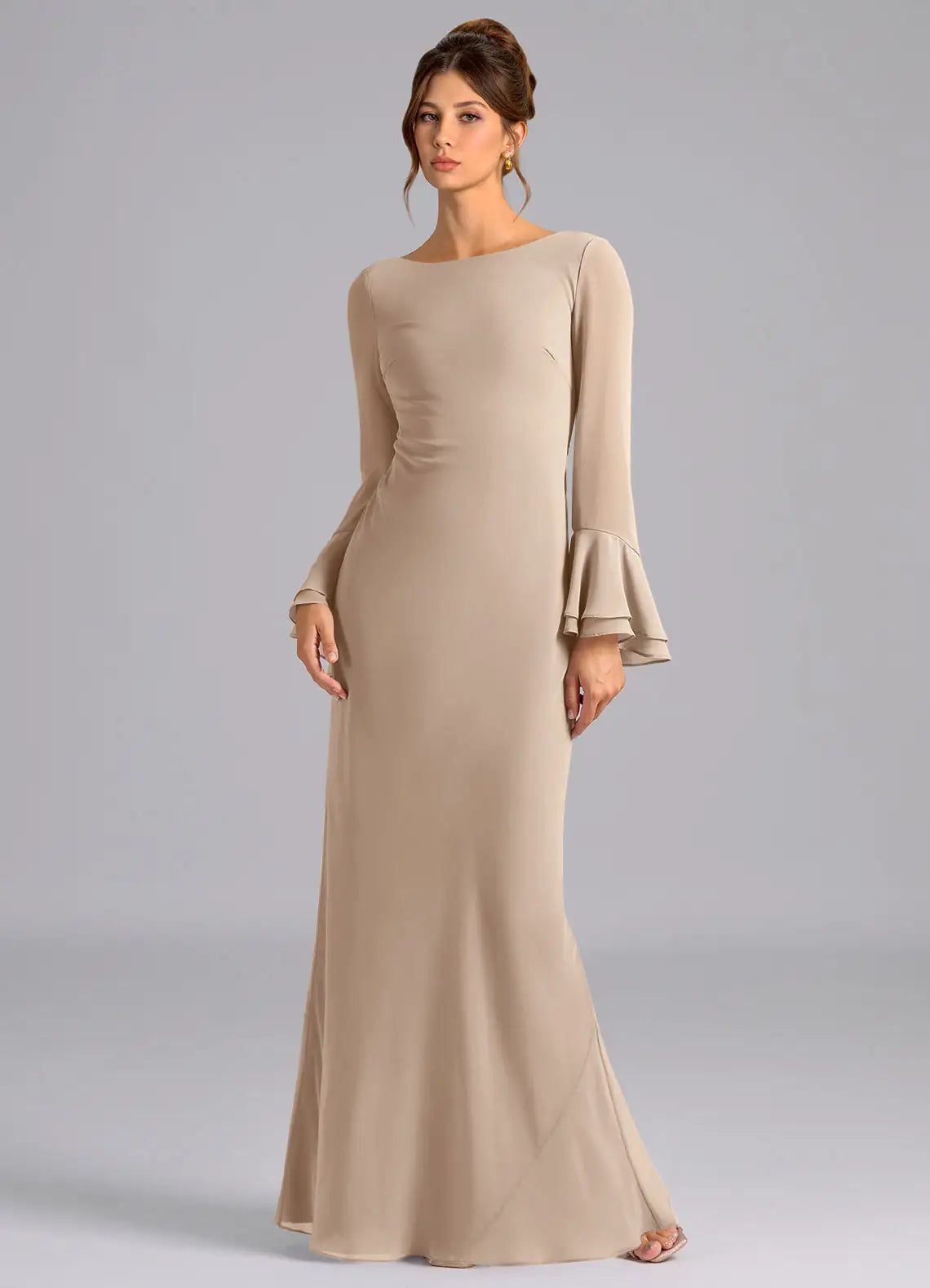 Sand Chiffon Boat Neck Floor-Length Bridesmaid Dress with Ruffled Bell Sleeves