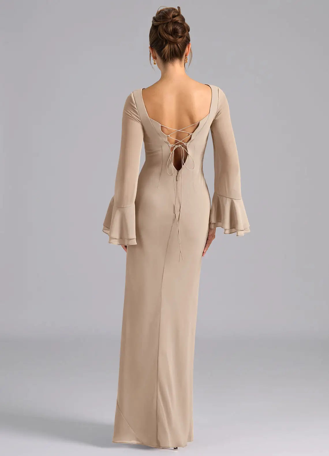 Sand Chiffon Boat Neck Floor-Length Bridesmaid Dress with Ruffled Bell Sleeves