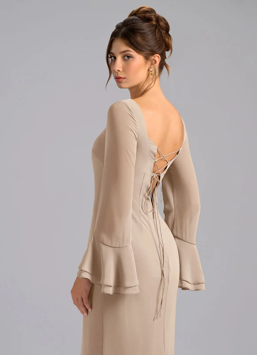 Sand Chiffon Boat Neck Floor-Length Bridesmaid Dress with Ruffled Bell Sleeves