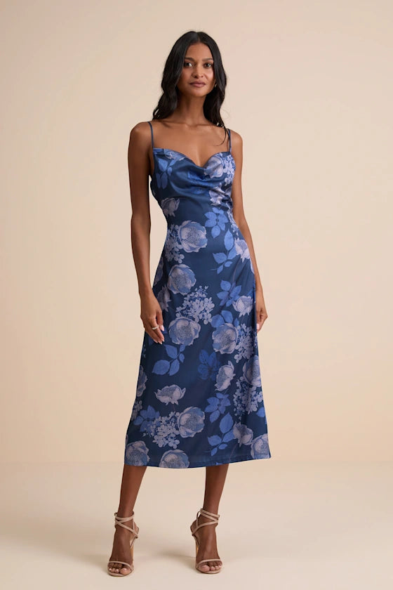 Elegant Luxe Blue Floral Print A-Line Silhouette Cowl Neck Sleeveless Spaghetti Straps Fitted Bodice Midi Satin Prom Dress