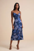Dark Navy Floral Satin Midi Bridesmaid Dress with Cowl Neck