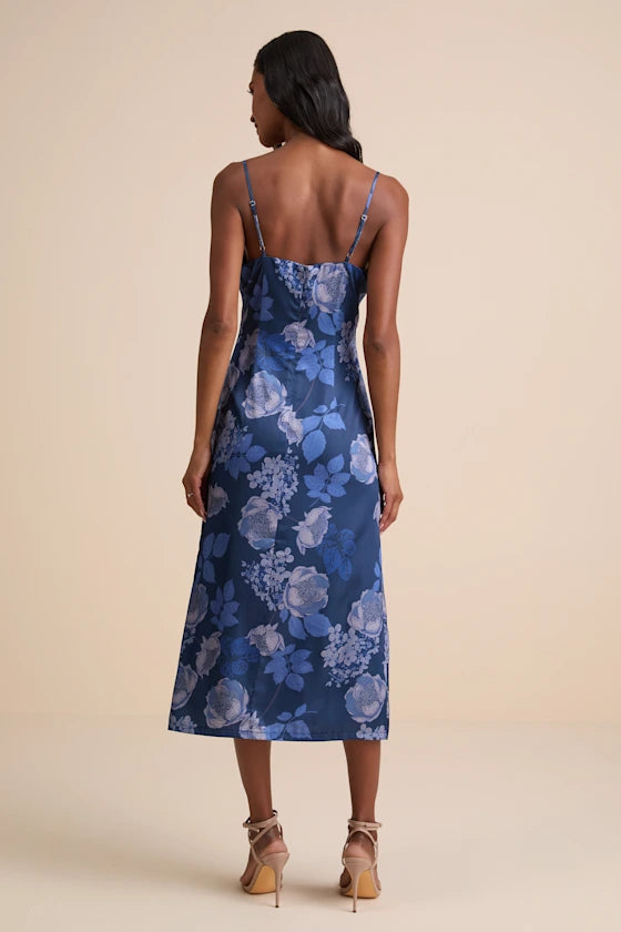 Elegant Luxe Blue Floral Print A-Line Silhouette Cowl Neck Sleeveless Spaghetti Straps Fitted Bodice Midi Satin Prom Dress