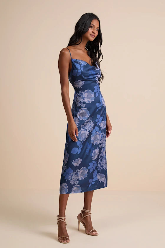 Elegant Luxe Blue Floral Print A-Line Silhouette Cowl Neck Sleeveless Spaghetti Straps Fitted Bodice Midi Satin Prom Dress