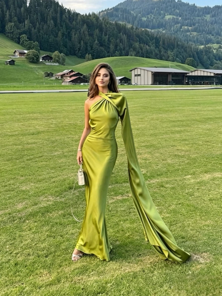 Elegant Mermaid Asymmetric One Shoulder Draped Sleeveless Open Back Floor Length Evening Dress
