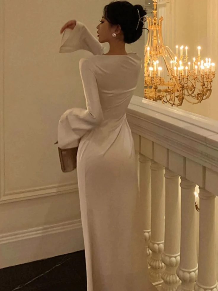 Elegant Mermaid Boat-Neck Long Flare-Sleeve Ruched-Waist Floor-Length Satin Evening Dress