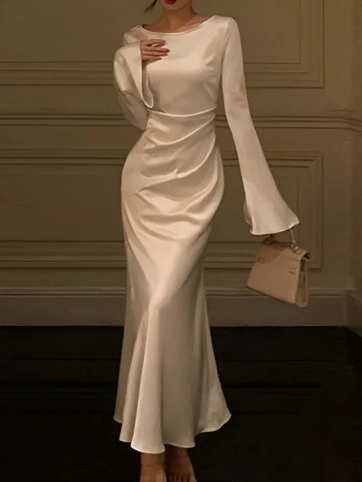 Elegant Mermaid Boat-Neck Long Flare-Sleeve Ruched-Waist Floor-Length Satin Evening Dress