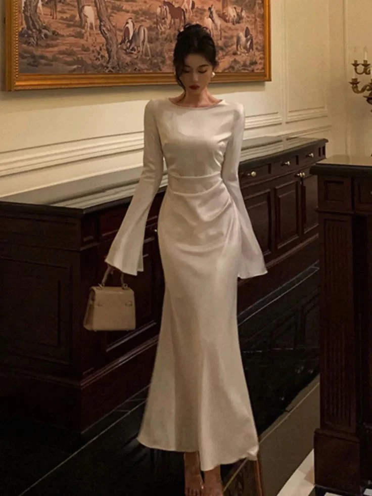 Elegant Mermaid Boat-Neck Long Flare-Sleeve Ruched-Waist Floor-Length Satin Evening Dress
