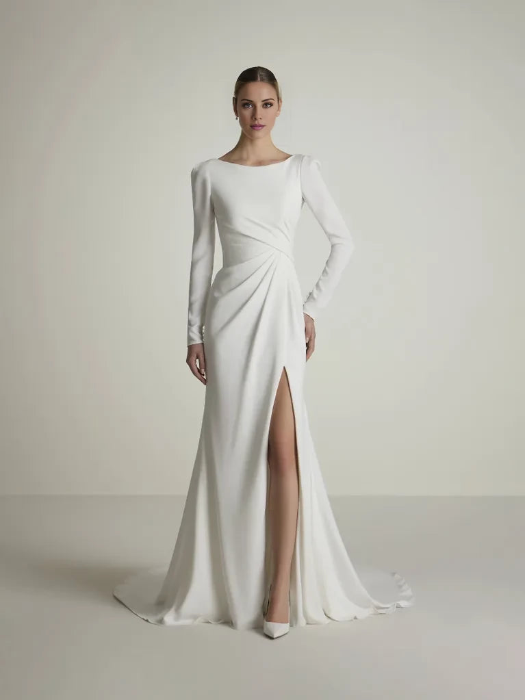 Ivory Crepe Boat Neck Sheath/column Floor-Length Evening Dress with High Slit