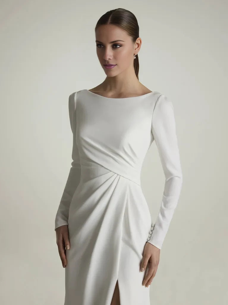 Ivory Crepe Boat Neck Sheath/column Floor-Length Evening Dress with High Slit