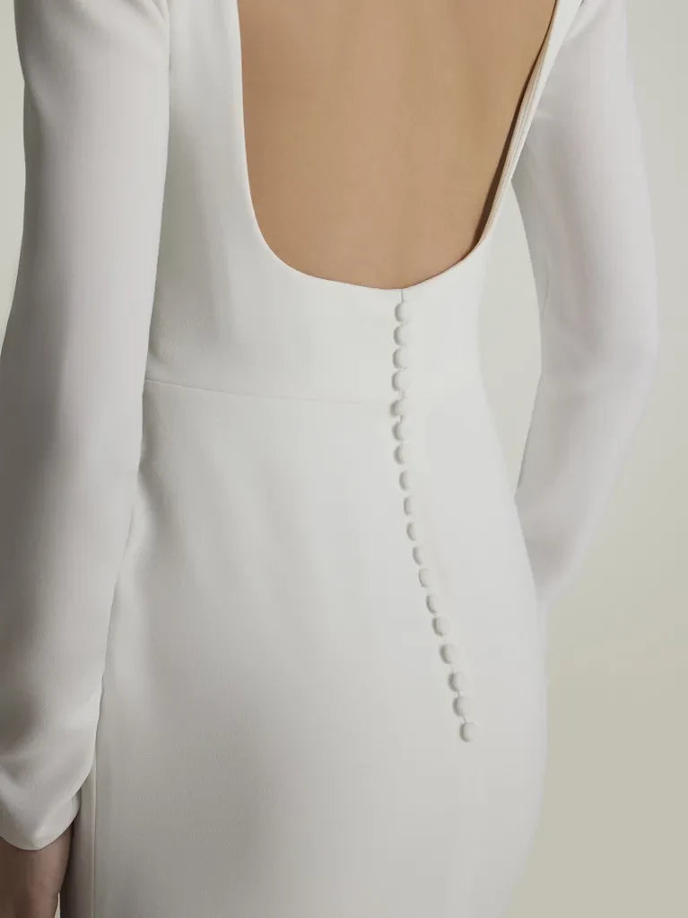 Ivory Crepe Boat Neck Sheath/column Floor-Length Evening Dress with High Slit