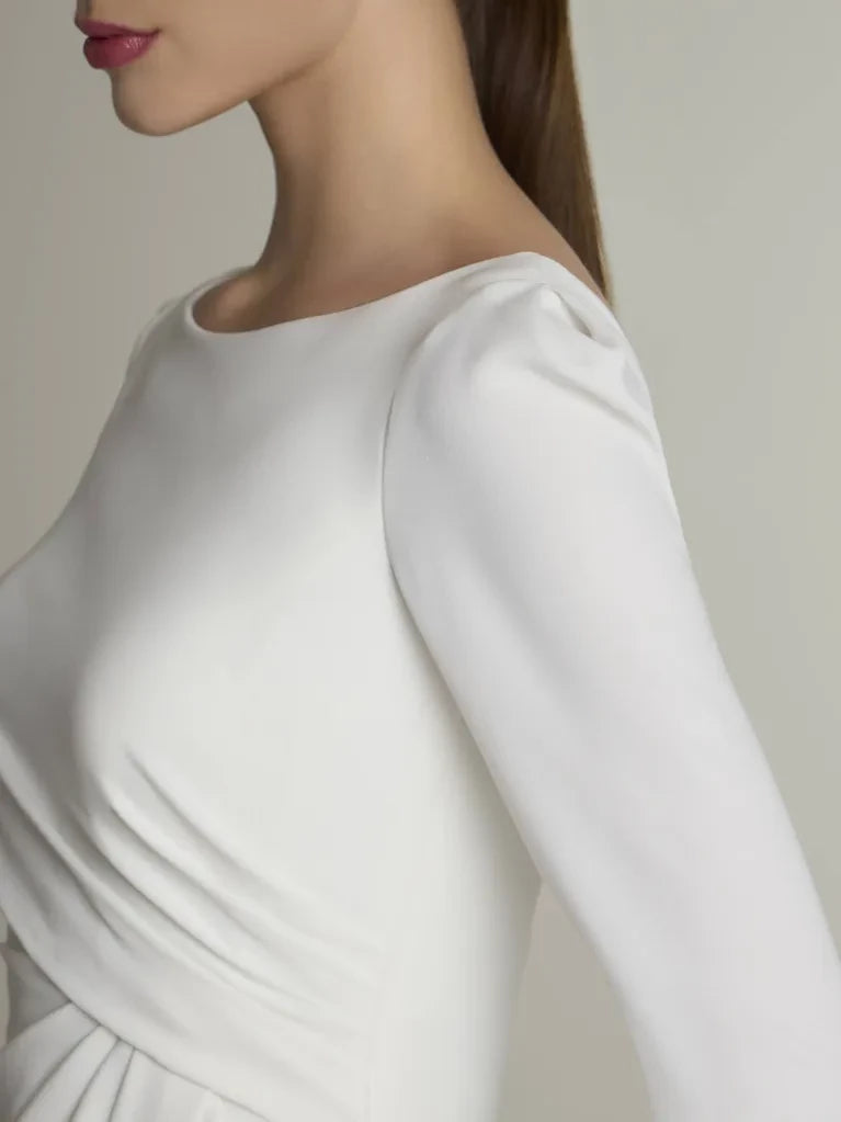 Ivory Crepe Boat Neck Sheath/column Floor-Length Evening Dress with High Slit