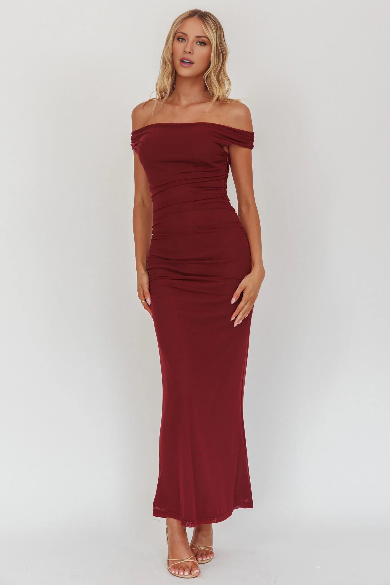 Elegant Mermaid Burgundy Off Shoulder Neck Sleeveless Backless Ruched Fitted Floor-Length Prom Dress