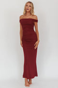 Burgundy Off-the-Shoulder Sheath Floor-Length Dress with Ruched Bodice