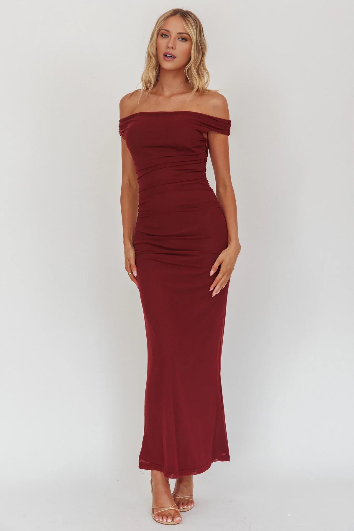 Burgundy Off-the-Shoulder Sheath Floor-Length Dress with Ruched Bodice