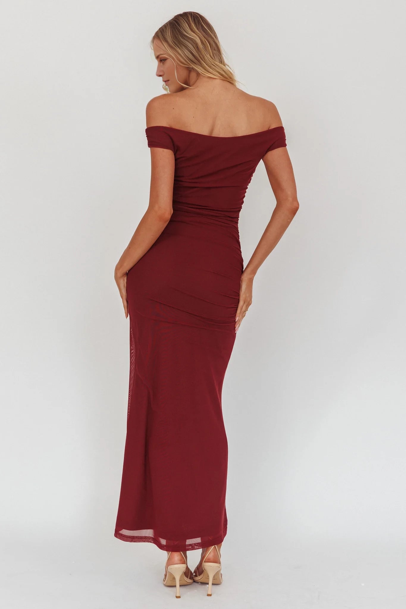Elegant Mermaid Burgundy Off Shoulder Neck Sleeveless Backless Ruched Fitted Floor-Length Prom Dress